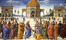 Rectangular fresco. The scene is like Raphael’s Marriage of the Virgin, above, which is based on it. There is a similar townscape and circular building in perspective, with an ancient Roman triumphal arch to either side. In the foreground, Jesus gives the keys of Heaven to St Peter, who is kneeling. To the right and left stand the other disciples and some onlookers, who are distinguished by Renaissance clothing. There are many more small figures in the square behind them.