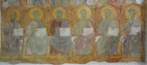 Фреска из Дмитриевского собора во Владимире (северная часть свода). Изображены апостолы: Павел, Матфей, Марк, Симон, Иаков, Фома.