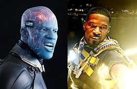 Джейми Фокс в роли Макса Диллона / Электро в фильмах «Новый Человек-паук: Высокое напряжение» (2014) (слева) и «Человек-паук: Нет пути домой» (2021) (справа)