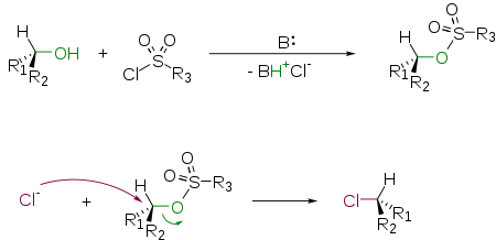 Превращение спиртов в алкилхлориды через промежуточное образование эфиров сульфокислот и последующее замещение