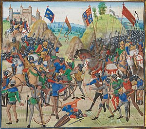 Битва при Креси, миниатюра из «Хроник» Жана Фруассара, копии Лодевика Брюггского. 1470-е