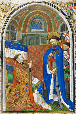 Джон, герцог Бедфорд, молится, преклонив колени перед Святым Георгием. Миниатюра из Бедфордского часослова, ок. 1415-1430 гг.