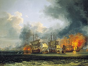 «Чесма» на картине Я.Ф.Гаккерта «Сражение у города Патрас в 1772 году». (большой корабль на переднем плане слева)