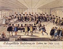 Colored drawing of men listening to speaker