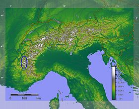 Альпы Дофине на карте Альп.