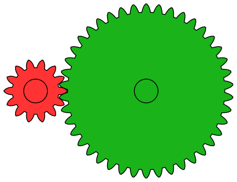 Пара зубчатых колёс с ВНЕШНИМ зацеплением. Передаточное число — 3 (42/14). Вращение колёс происходит противонаправленно.