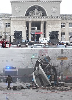 Вверху: Вокзал Волгоград I после взрыва; внизу: взорванный троллейбус
