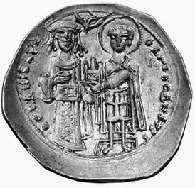Монета Феодора, на которой его благословляет Святой Дмитрий (справа)