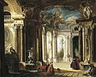 Интерьер дворца в стиле барокко с элегантной компанией, беседующей у фонтанов. 1740-е гг. Холст, масло