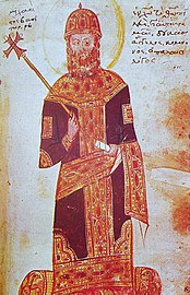 Михаил VIII Палеолог, стоящий на подушке для ног (suppedion), расшитой одноглавыми орлами