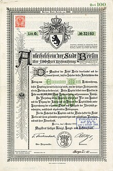 Облигация города Берлина на 100 марок, выпущена 1 октября 1882 года, подписана лорд-бургомистром von Forckenbeck