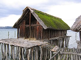 Реконструкция свайного жилища в музее Pfahlbaumuseum Unteruhldingen на Боденском озере, Германия