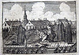 Казнь Отто Арнольда фон Пайкулла в Стокгольме, 1707 г. (Neu-eröffneter Historischer Bilder-Saal, том 7, стр. 213, 1719 г.)