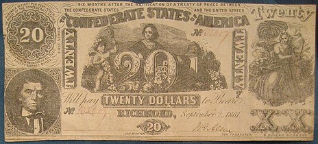 20 долларов КША образца 1861 года с портретом Стивенса
