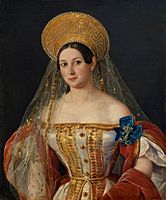 Пимен Орлов. «Портрет Софьи Васильевны Орловой-Денисовой (копия)». 1835. Эрмитаж, Санкт-Петербург. (Образец форменного платья придворных фрейлин, созданного под влиянием русского костюма. Девушкам был положен головной убор в виде «кокошника» с фатой и распашное платье с длинными рукавами «а-ля бояр».)