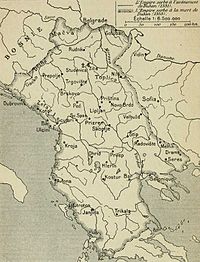 Сербо-Греческое царство: пунктирной чертой показаны земли, завоёванные Душаном у Византийской империи