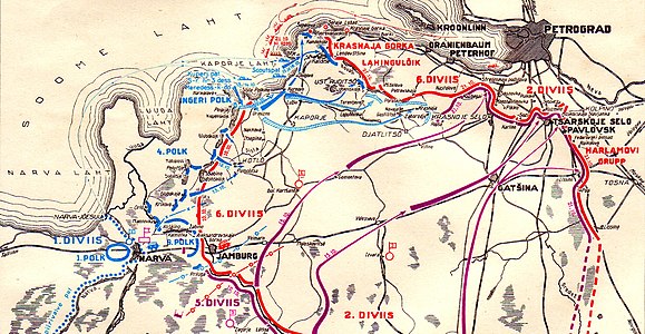 Схема наступления Северо-Западной армии (фиолетовый), частей эстонской армии (синий) и Западно-Ингерманландского полка (синий штрих) на Петроград в октябре 1919 года (эст.)