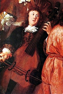 Фрагмент картины И. Ворхута «Домашнее музицирование» (1674), изображающий гамбиста (возможно Д. Букстехуде)