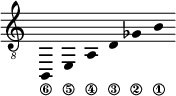 
\new Staff \with {\remove "Time_signature_engraver"}
{\clef "treble_8" \time 2/1 \hide Stem \stemUp
b,,_\6 \override Score.StringNumber.padding = #2
e,_\5 \override Score.StringNumber.padding = #3.5
a,_\4 \override Score.StringNumber.padding = #5
d_\3 \override Score.StringNumber.padding = #6
ges_\2 b_\1 }
