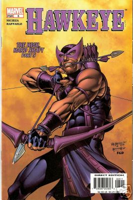Обложка выпуска Hawkeye vol. 3, #5 (апрель 2004), художник Карлос Пачеко.