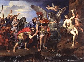 Король Эфиопии Кефей и Кассиопея благодарят Персея за спасение их дочери Андромеды, La Délivrance d’Andromède (1679) Пьер Миньяр, Лувр.