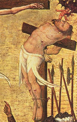 Ганс фон Тюбинген. «Распятие», фрагмент, около 1430. Душа Безумного разбойника отлетает от его уст, и её забирает дьявол