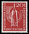 ФРГ (1955): пинцет и почтовый рожок на полупочтовой марке к Международной филателистической выставке WESTROPA 1955 (Mi #218)