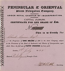 Акция Peninsular & Oriental Steam Navigation Company на 50 фунтов стерлингов, выпущенная в Лондоне 1 июля 1845 года. Компания-предшественник была основана в 1837 году под названием Peninsular Steam Navigation Company, реорганизованная в 1840 году на основании королевской хартии в Peninsular and Oriental Steam Navigation Company.