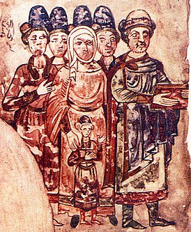 Святослав Ярославич и, предположительно, Ода (в центре) с семьёй. Миниатюра из Изборника 1073 года.