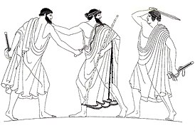 Краснофигурный стамнос. Гармодий и Аристогитон убивают тирана Гиппарха. Ок. 470 г. до н. э.. Музей Мартина Вагнера, Вюрцбург