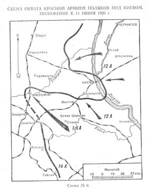 Схема охвата Красной Армией поляков под Киевом.