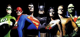 Классический состав Лиги Справедливости. Слева направо: Зелёный Фонарь, Флэш, Супермен, Бэтмен, Чудо-женщина, Аквамен и Марсианский Охотник. Художник — Алекс Росс.