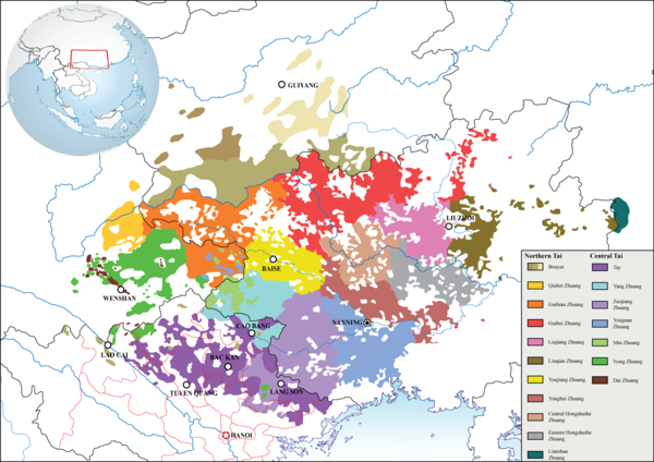 Географическое распространение диалектов чжуанского языка в Гуанси-Чжуанском автономном районе и родственных языков в Гуйчжоу и Северном Вьетнаме.