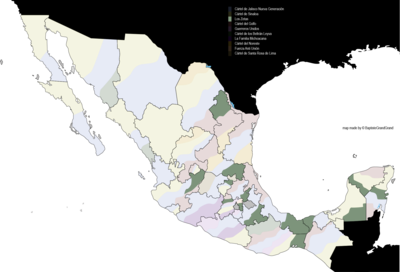 Территории Мексики, контролируемые Лос-Сетас на октябрь 2020 года (выделены зелёным)