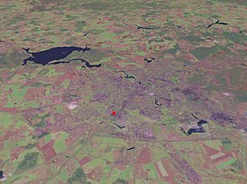Снимок Минска из космоса. Место взрыва 10 марта 1972 (переулок Софьи Ковалевской) отмечено красным кружком. Координаты переулка на карте 53°52′09″ с. ш. 27°30′32″ в. д.HGЯO.