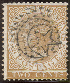 1876: первая марка Джохора. Надпечатка звезды и полумесяца на марке Стрейтс-Сетлментса с портретом королевы Виктории, 2 цента (Sc #1)