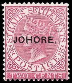 1885: надпечатка «Johore» («Джохор») на марке Стрейтс-Сетлментса с портретом королевы Виктории, 2 цента (SG #1A)