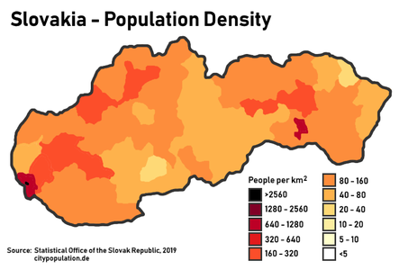 Плотность населения Словакии по районам