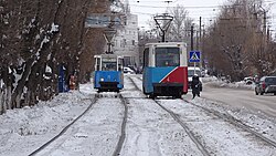 Трамваи в городе Темиртау, Казахстан. 2016 год