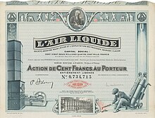 Акция Air Liquide S.A. на 100 франков, выпущена в Париже 10 июля 1937 года, подписана Полем Делормом, 1902-1945 президентом компании