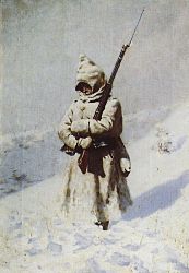 Русский пехотинец линейных батальонов в шинели с башлыком, в походе, 1877 — 1878 годов.
