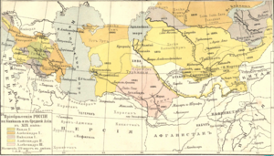 Карта Средней Азии и Кавказа. Розовым в центре обозначен Мерв.