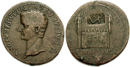 Орихалковый (латунный) сестерций с портретом Тиберия, 9 год до н. э.