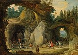 Горный пейзаж с пилигримами и пещерной капеллой. Ок. 1626. Дерево, масло. Совместно с Йоосом де Момпером. Коллекция Лихтенштейнов, Вена