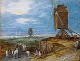 Пейзаж с мельницами, крестьянами и повозками на переднем плане. Ок. 1608. Дерево, масло. Художественный музей Шверина, Германия