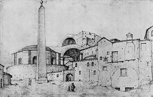 Обелиск Ватикана на прежнем месте; рисунок Мартена ван Хемскерка, 1532 г.