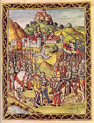 Выдача швейцарцами Лодовико Сфорца французскому войску. Миниатюра из «Люцернской хроники» Диболда Шиллинга Младшего (1513)