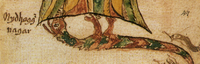 Нидхёгг пожирает корни Мирового Древа, фрагмент исландского манускрипта XVII века