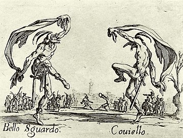 Ковьелло (справа), рисунок Ж. Калло (первая половина XVII века)