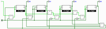 Синхронный вычитающий счётчик по модулю 14, собранный на JK-триггерах в среде Logisim evolution